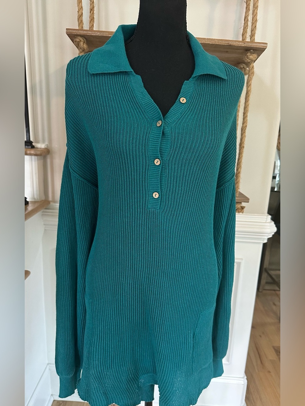 Free People Swim Teal Ribbed Long-Sleeve Polo Swim Cover-Up